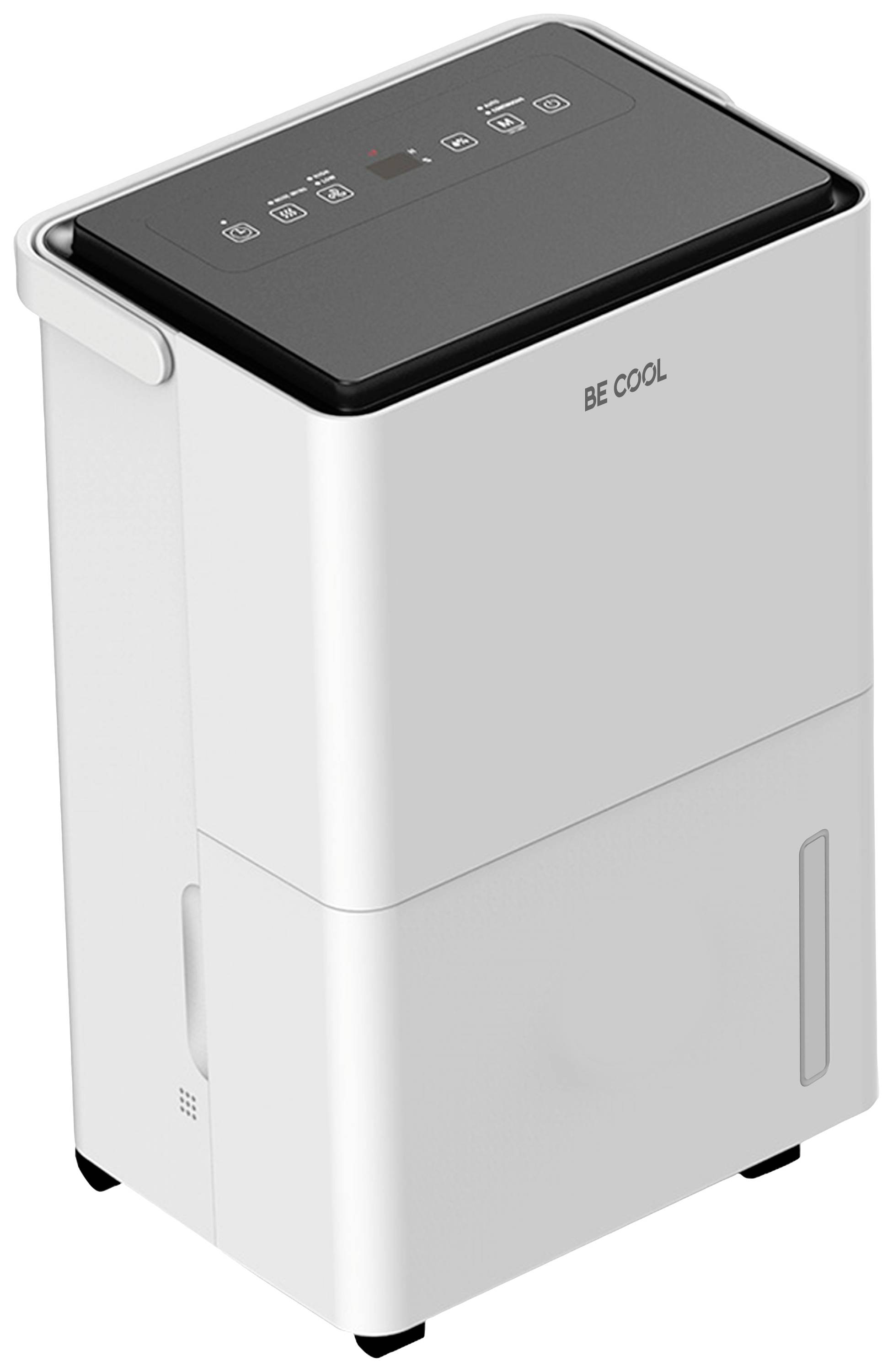 A white dehumidifier with a black control panel and digital buttons for settings. Blanca casing, with the 'BE COOL' brand visible.