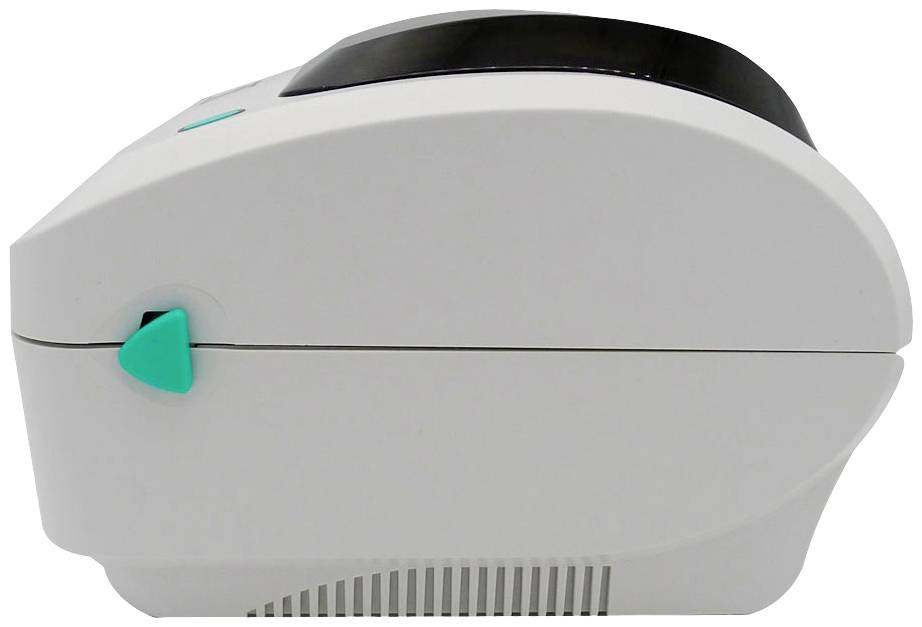 A white, compact label printer with a green button on the side. The printer has a round shape with a black lid.