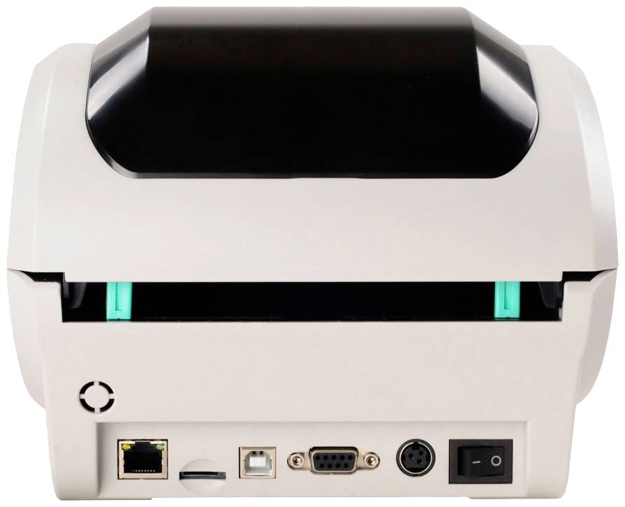 Label printer - rear view, showing various connection options: Ethernet, USB, serial interface, and power socket.