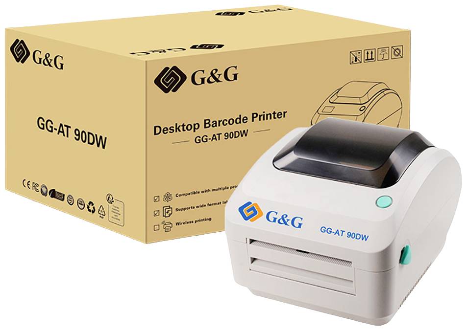 A white desktop barcode printer 'GG-AT 90DW' in front of its brown cardboard box with brand logo and product specifications.