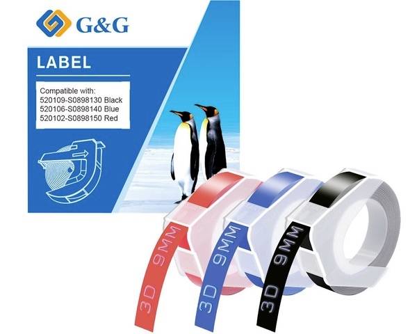 G&G Embossing tape, labelling tape Tape colour: Black, Red, Blue Font colour: White 9 mm 3 m