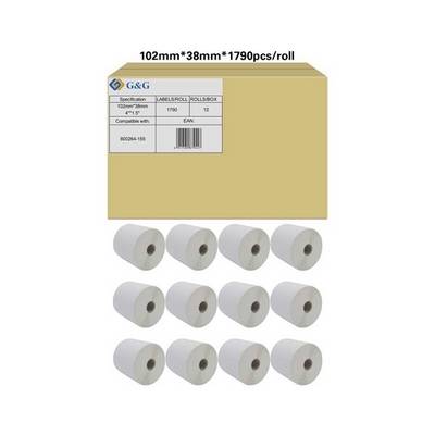 'G&G' packaging with label rolls, size: 102mm x 38mm, 1,790 labels per roll. The packaging contains 12 rolls.