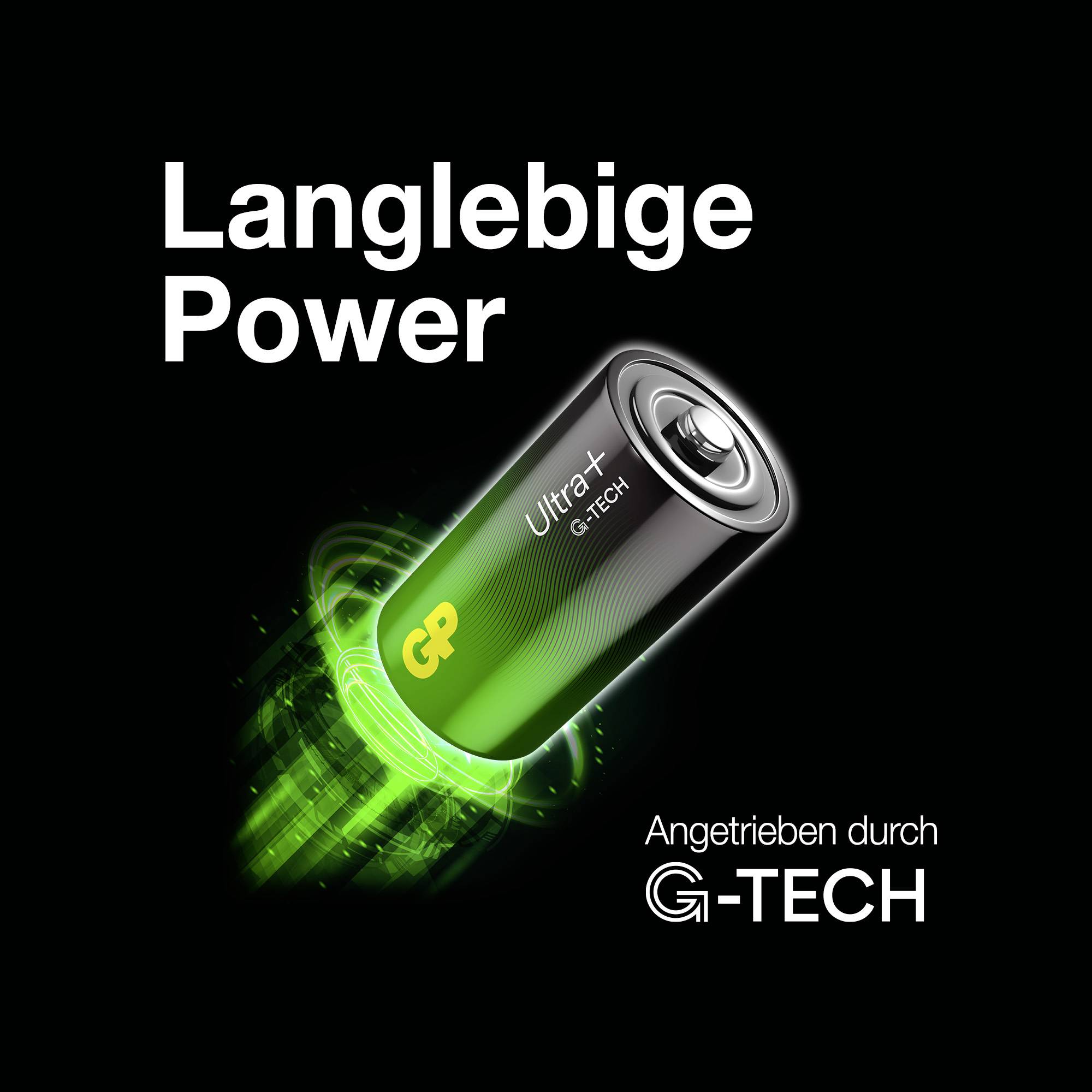 A battery with the text 'Long-lasting Power'. Underneath it says 'Powered by G-TECH'. The battery glows green.
