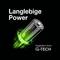A battery with the text 'Long-lasting Power'. Underneath it says 'Powered by G-TECH'. The battery glows green.