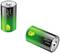 'Two green-black GP Ultra+ G-TECH batteries, one standing, the other lying down. Representation of two AA batteries in vibrant colours.'