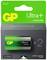 Packaging for a GP Ultra+ Alkaline Battery with two D cells. The packaging is green with yellow accents and emphasises long-lasting performance.