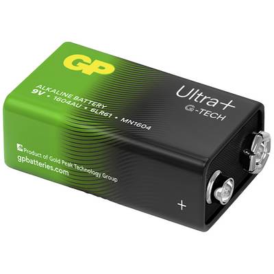 A green-and-black 9V alkaline battery from GP Ultra+ G-Tech with positive and negative terminals.