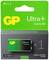 Green and yellow packaging of a 9V GP Ultra+ Alkaline battery. Text reads 'Long Lasting Power' and 'Go green. Re-use for storage.'