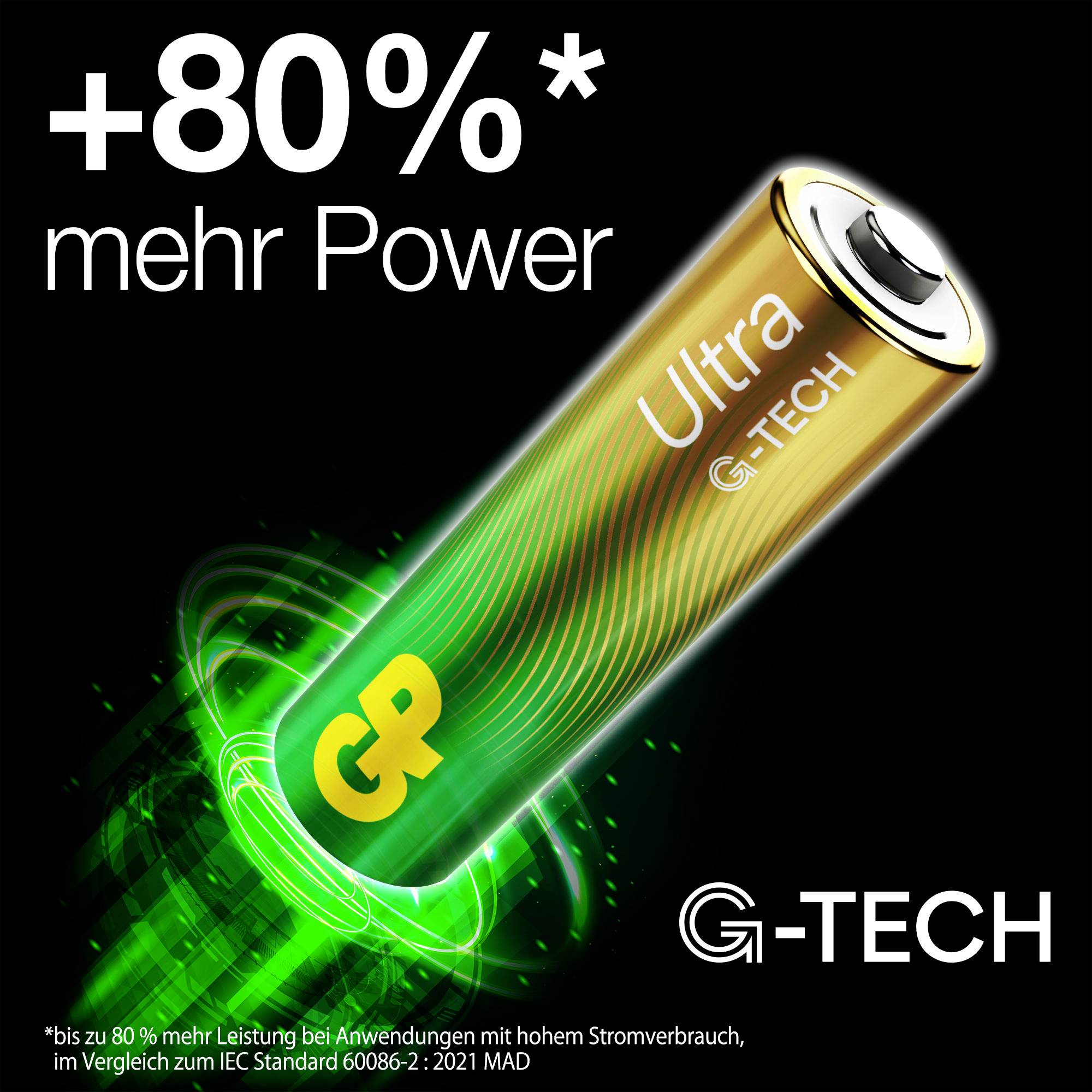 Battery with 'Ultra G-TECH' printed on it, next to text reading '80% more power', glowing green. Advertisement for batteries with higher performance.