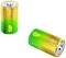 Two GP alkaline batteries in green and yellow colours, with the inscription 'Ultra G-TECH'. One battery is standing upright, the other is lying down.