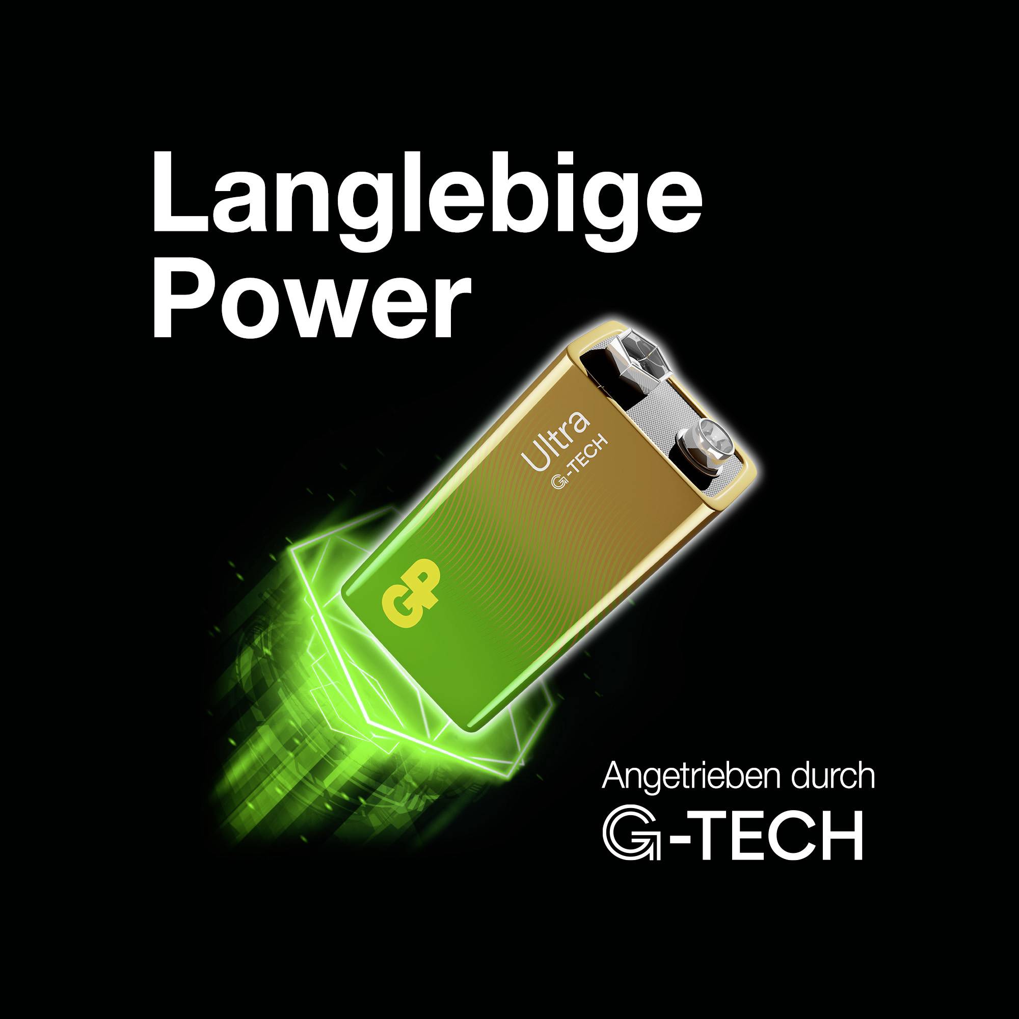 'Long-lasting Energy': Image of a GP Ultra G-TECH battery with glowing green light, promoted for its longevity.