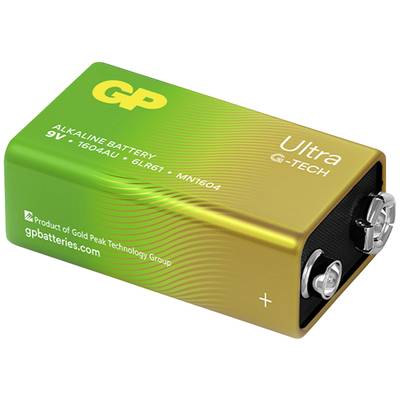 'GP Ultra Alkaline Battery, 9V, Type 1604AU, G-TECH. Suitable for high-performance applications.'