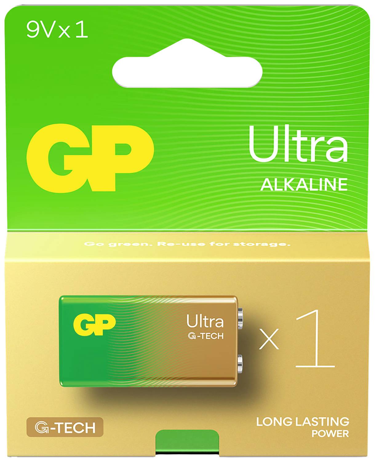 'GP Ultra Alkaline 9V x1 Battery' Packaging. 'Long-lasting' and 'Reusable for Storage' emphasised.