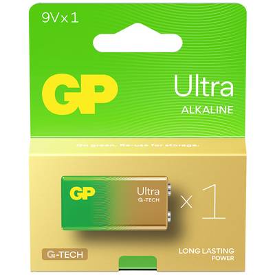 'GP Ultra Alkaline 9V x1 Battery' Packaging. 'Long-lasting' and 'Reusable for Storage' emphasised.