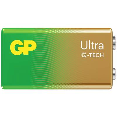 'GP Ultra G-TECH' Battery, green-brown gradient, rectangular, two poles on the right, brand and model prominently displayed.