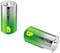 Two GP Super G-Tech batteries. One is standing upright, the other lying on its side. Both have a silver-green design.