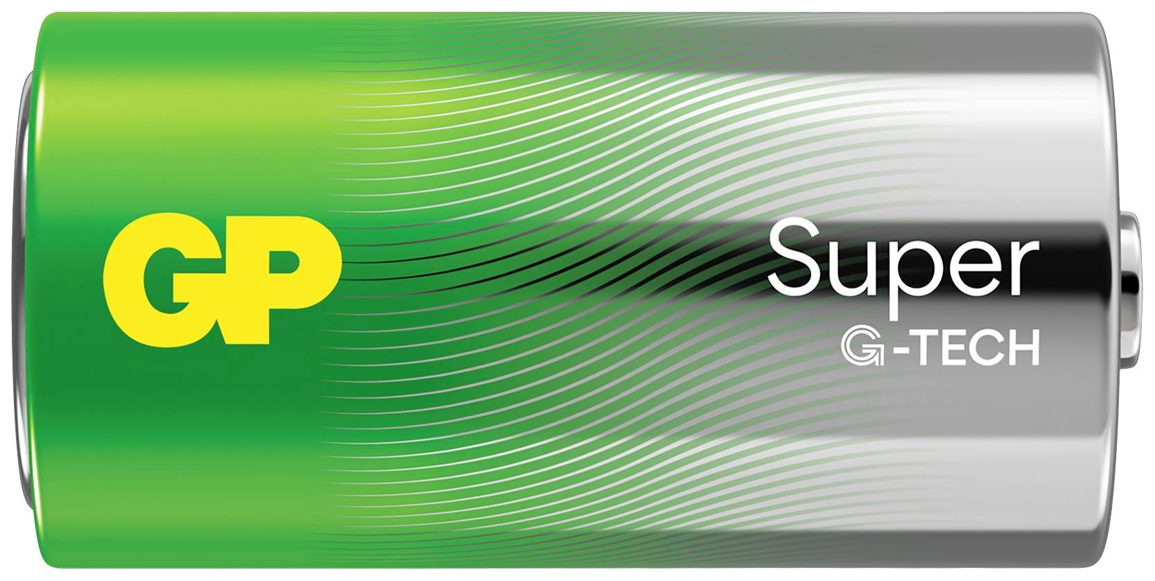 A GP Super G-Tech AA battery with a green-silver design and white labelling.