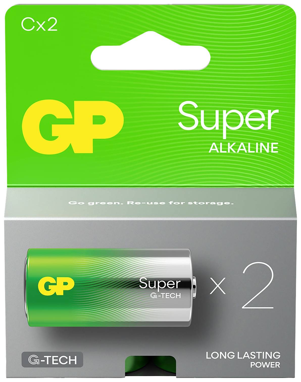 'GP Super Alkaline C x2' Battery Pack in Green and Silver, containing two batteries. Packaging text emphasises long-lasting performance.
