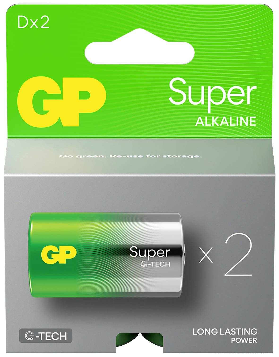 Two GP Super Alkaline D-size batteries in green and silver packaging, designed for long-lasting power supply.