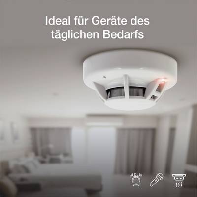 Ceiling-mounted smoke detector with red alarm indicator in a living room; Text: 'Ideal for everyday appliances'.
