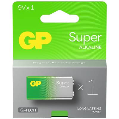 Packaging of a GP Super Alkaline 9V battery with green design, text reading '1 x 9V', 'G-TECH' and 'Long lasting power'.
