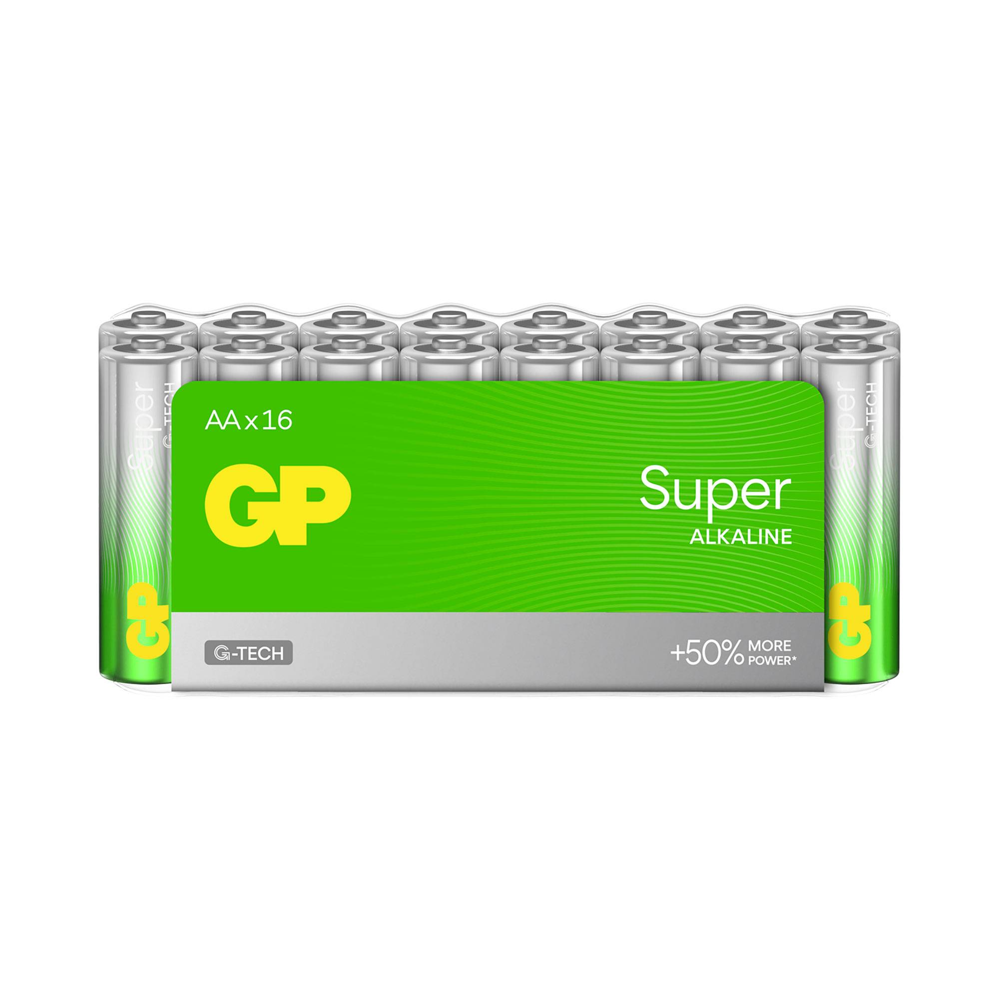 Pack of 16 AA Super Alkaline Batteries by GP, green packaging, promises 50% more power, suitable for G-Tech devices.