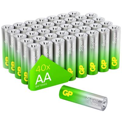 Stack of many GP Super batteries with green label '40x AA Batteries'; a single battery lying in front.