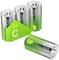Four C batteries by the brand 'Super G-Tech' in a silver-green design, three standing upright, one lying down. Packaging emphasises '4x C Batteries'.
