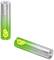 Two green AA batteries from the brand GP with the inscription 'Super G-TECH' are lying on a white surface.