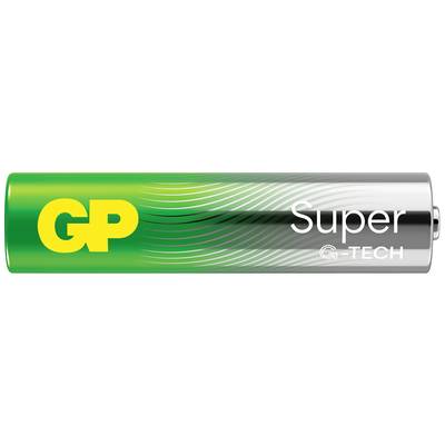 A AA battery with green and silver design, with the inscription 'GP Super G-TECH' visible.