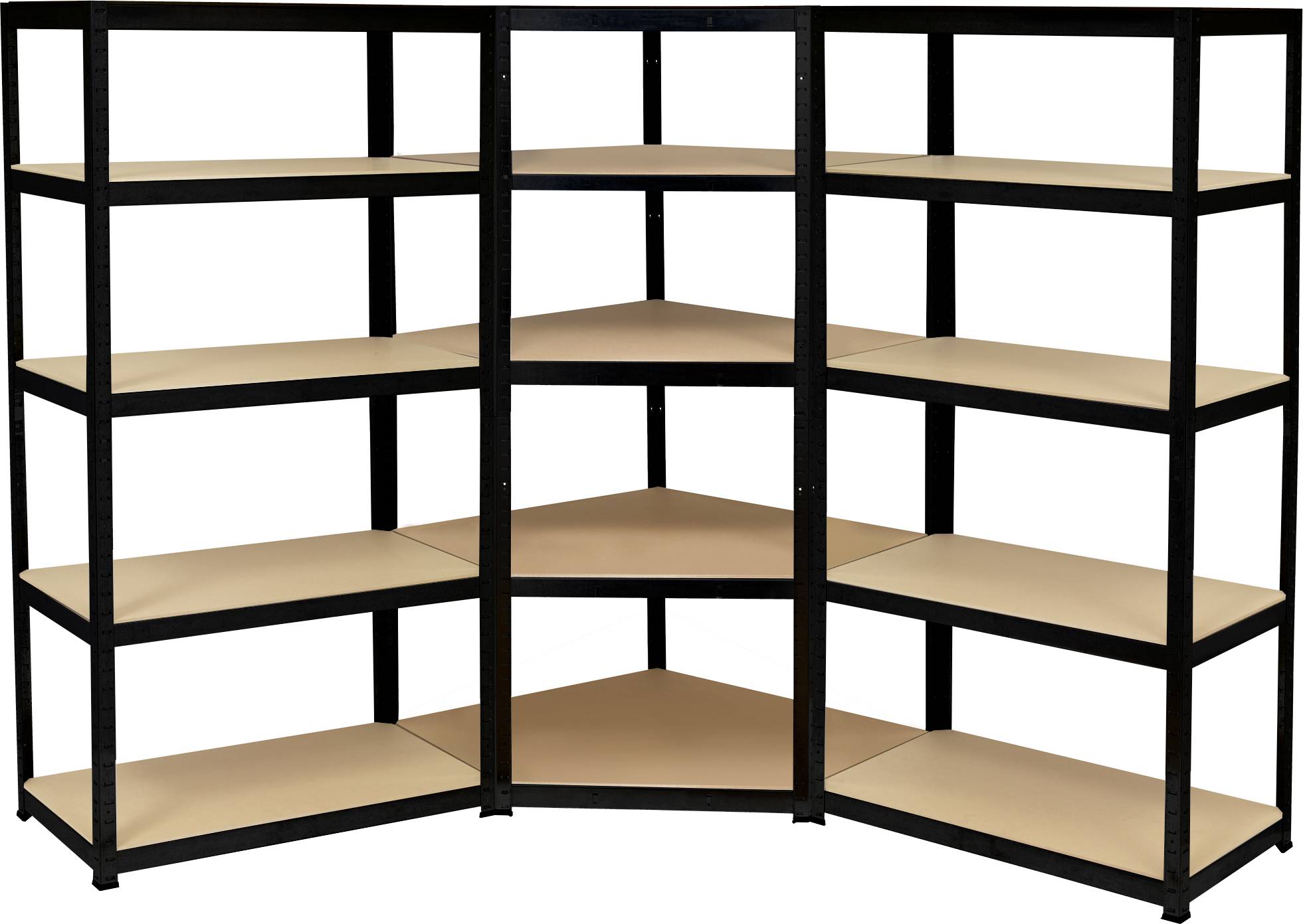 'Black corner shelving unit with five brown wooden shelves on each side, suitable for storage in living or work spaces.'