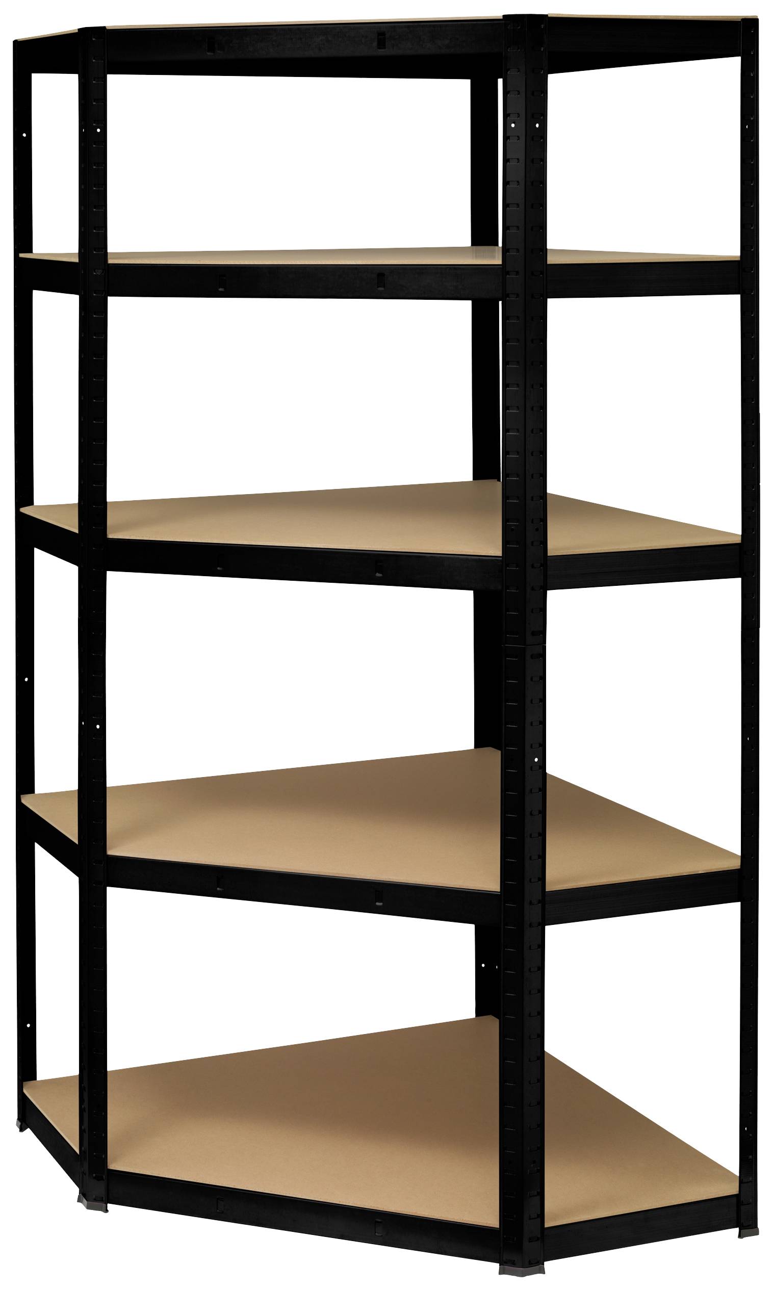 A black corner shelving unit with five brown shelves, suitable for storing items in the corner of a room.
