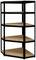 A black corner shelving unit with five brown shelves, suitable for storing items in the corner of a room.