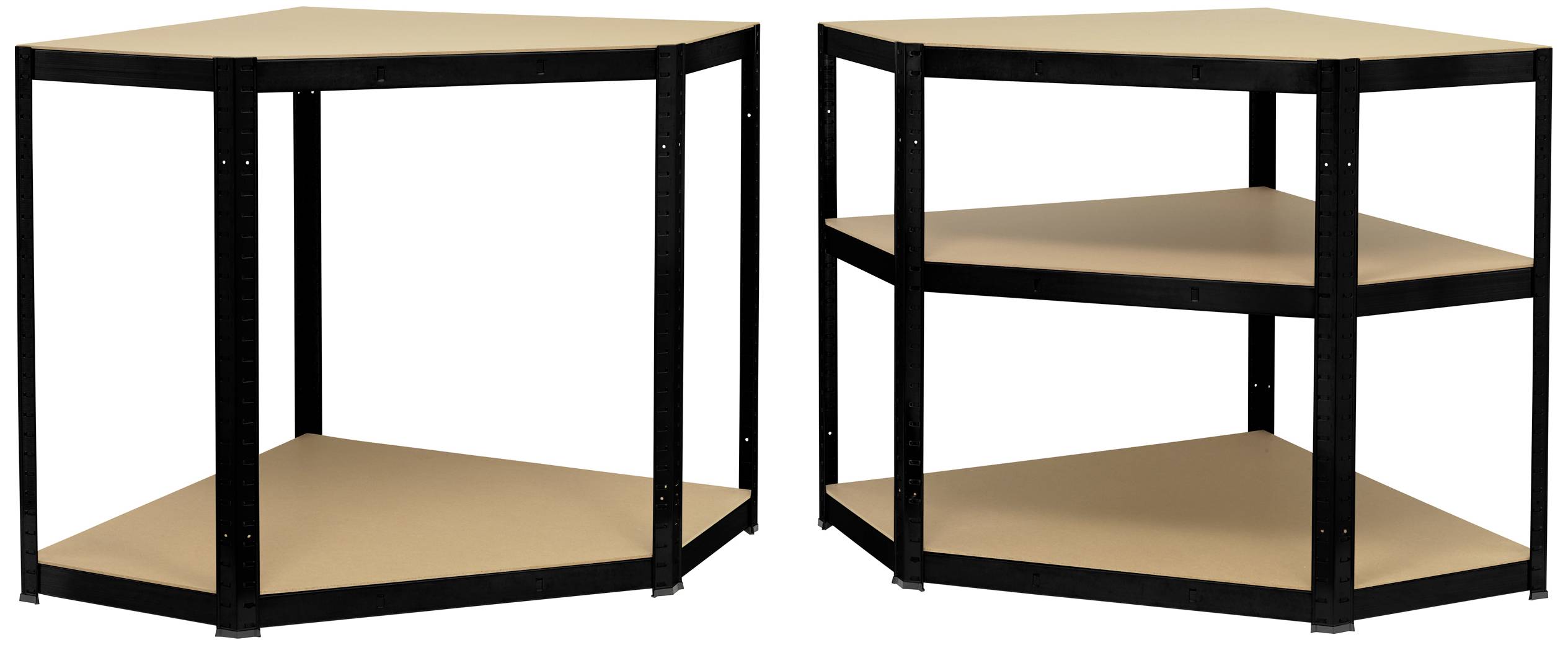 Two black, triangular shelves with wooden shelves. One shelf has two, the other three levels. Suitable for corner placement.