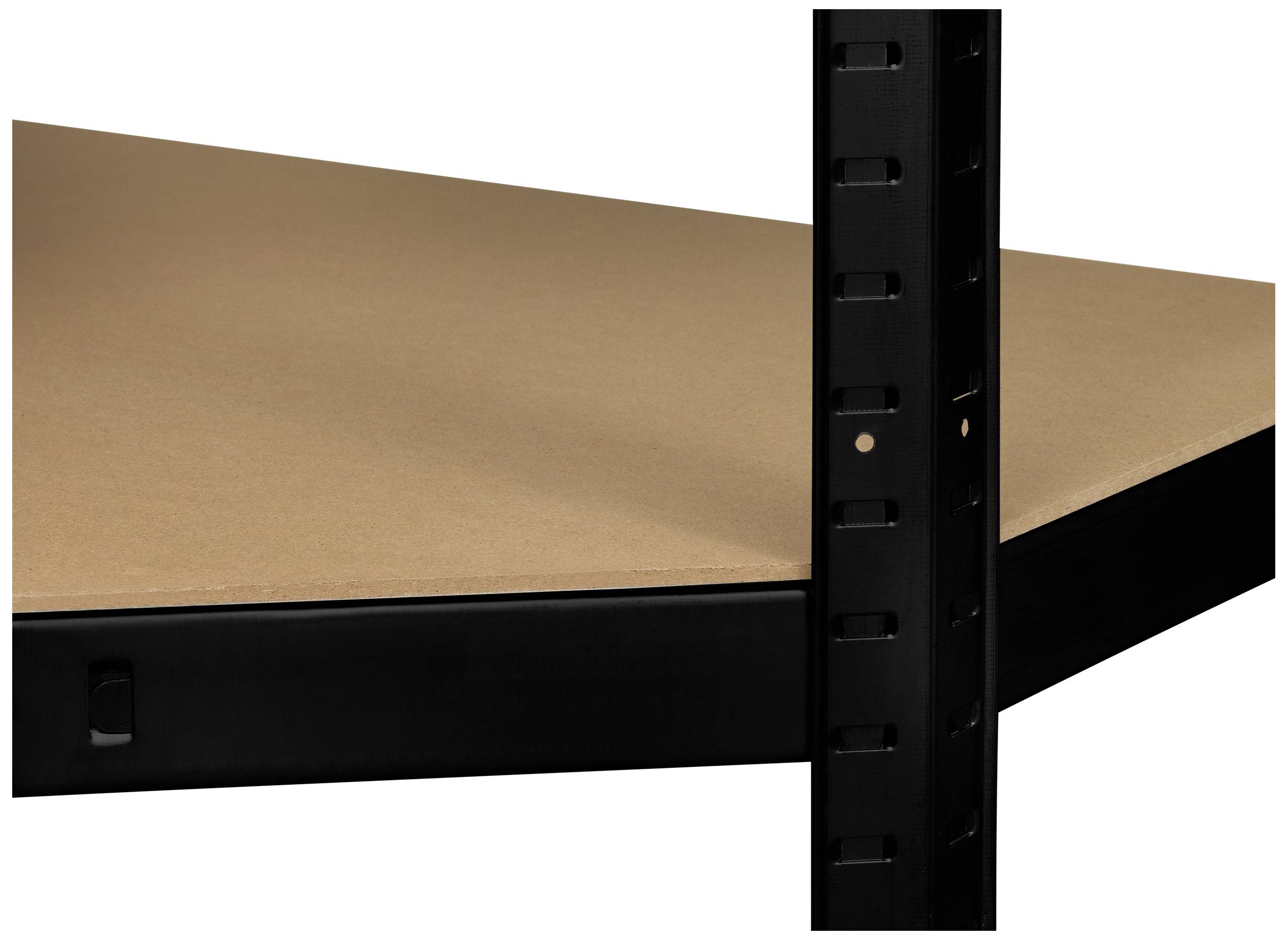 'Close-up of a brown shelving unit with a black metal frame. Stability and robust construction are evident.'