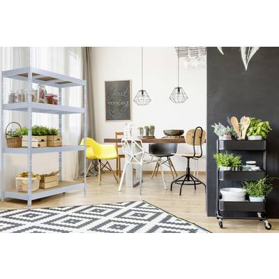 Dining room with a wooden table, black and yellow chairs, a shelf full of plants and a serving trolley. 'Good Morning' on a chalkboard.
