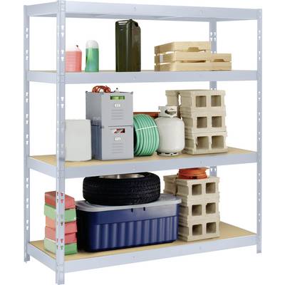 Metal shelving unit with four levels, supporting various items such as cleaning products, wood, tyres, concrete blocks, and storage tanks.