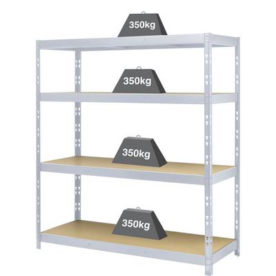 Metal shelving unit with four shelves, each shelf capable of supporting 350 kg. Shelves are brown, frame is silver.