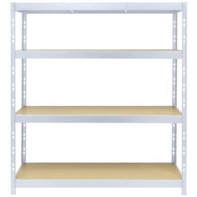 'Metal shelving unit with four shelves, suitable for storage in garages or storage rooms.'