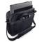 A black laptop bag with a shoulder strap reveals its contents: a laptop, a tablet and headphones protruding from the top opening.