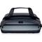A black laptop bag with an open zip reveals the interior designed for laptop transportation.