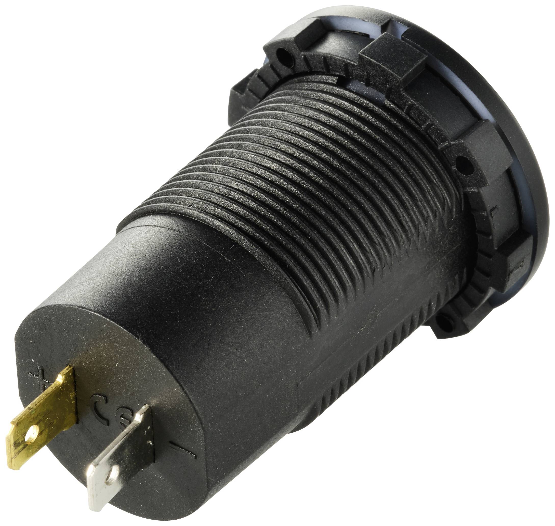 Black cylindrical adapter with ribbed sides and two metallic plug contacts; typical design for automotive sockets.