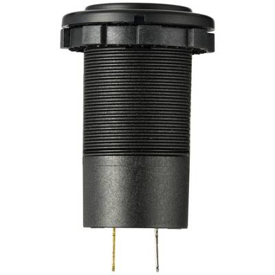 Black, cylindrical connector with two metal pins on the underside and a ribbed surface. Likely used for electrical connection.