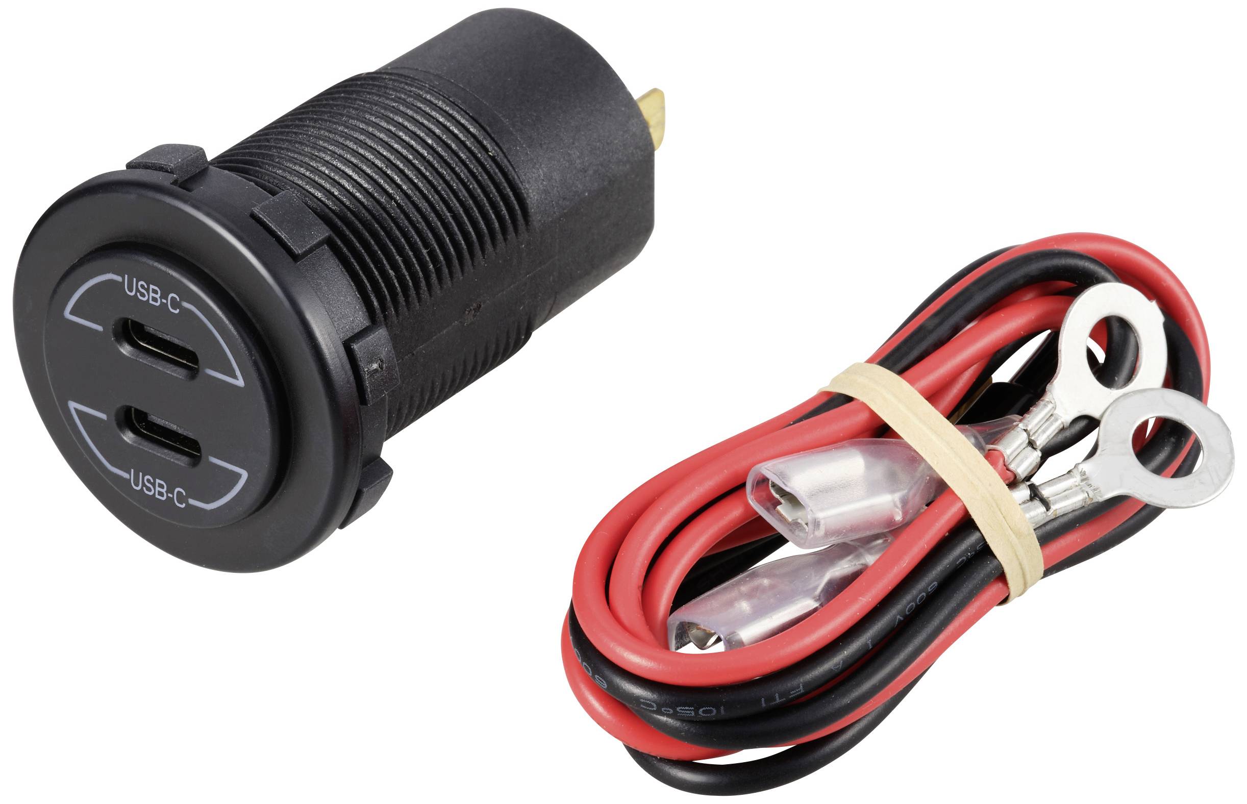 USB-C Double Socket and Cable Set. Socket for installation in vehicles, two USB-C ports. Power connection cable included.