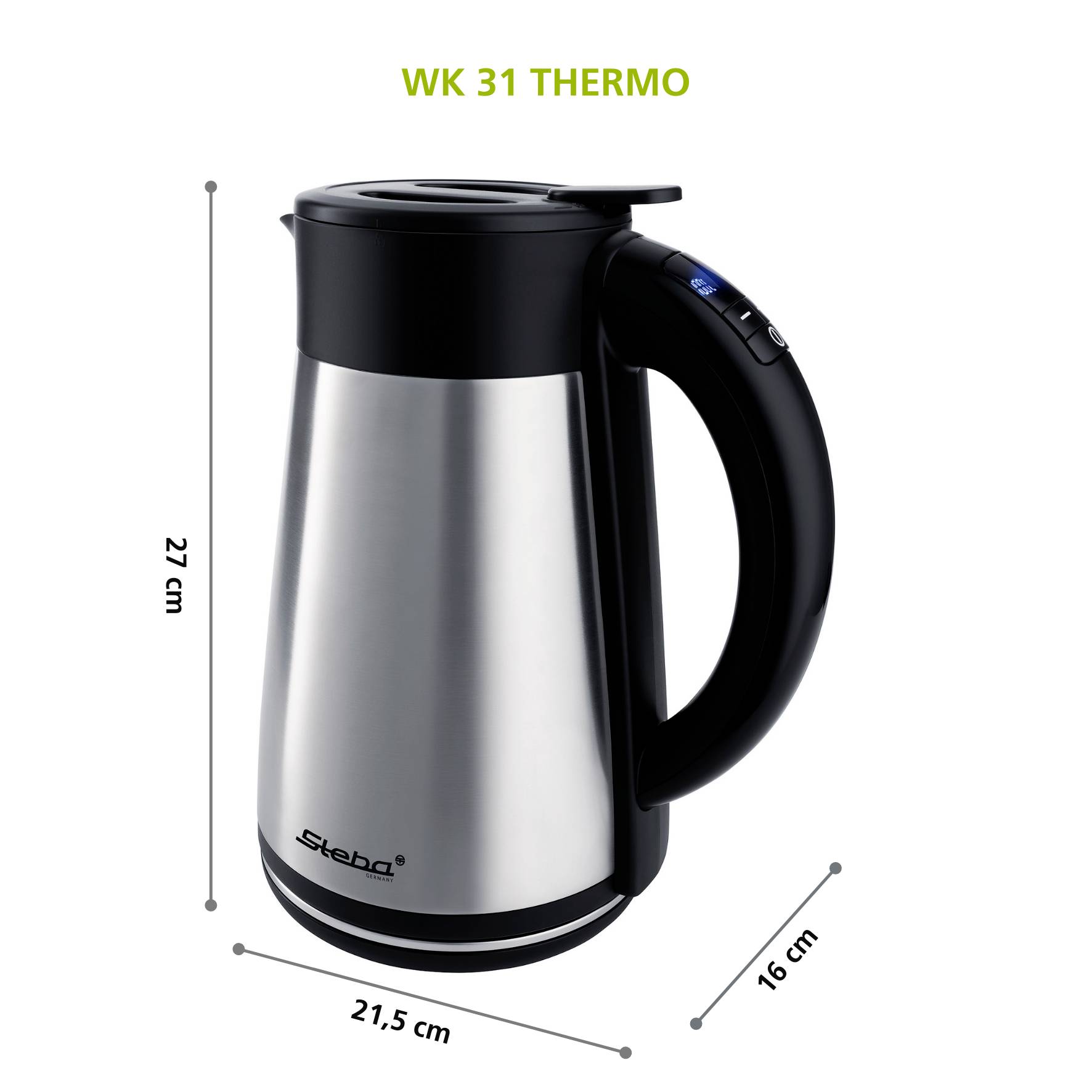 A silver kettle with a black handle and lid. Dimensions: 27 cm high, 21.5 cm wide, 16 cm deep. Model: WK 31 Thermo.