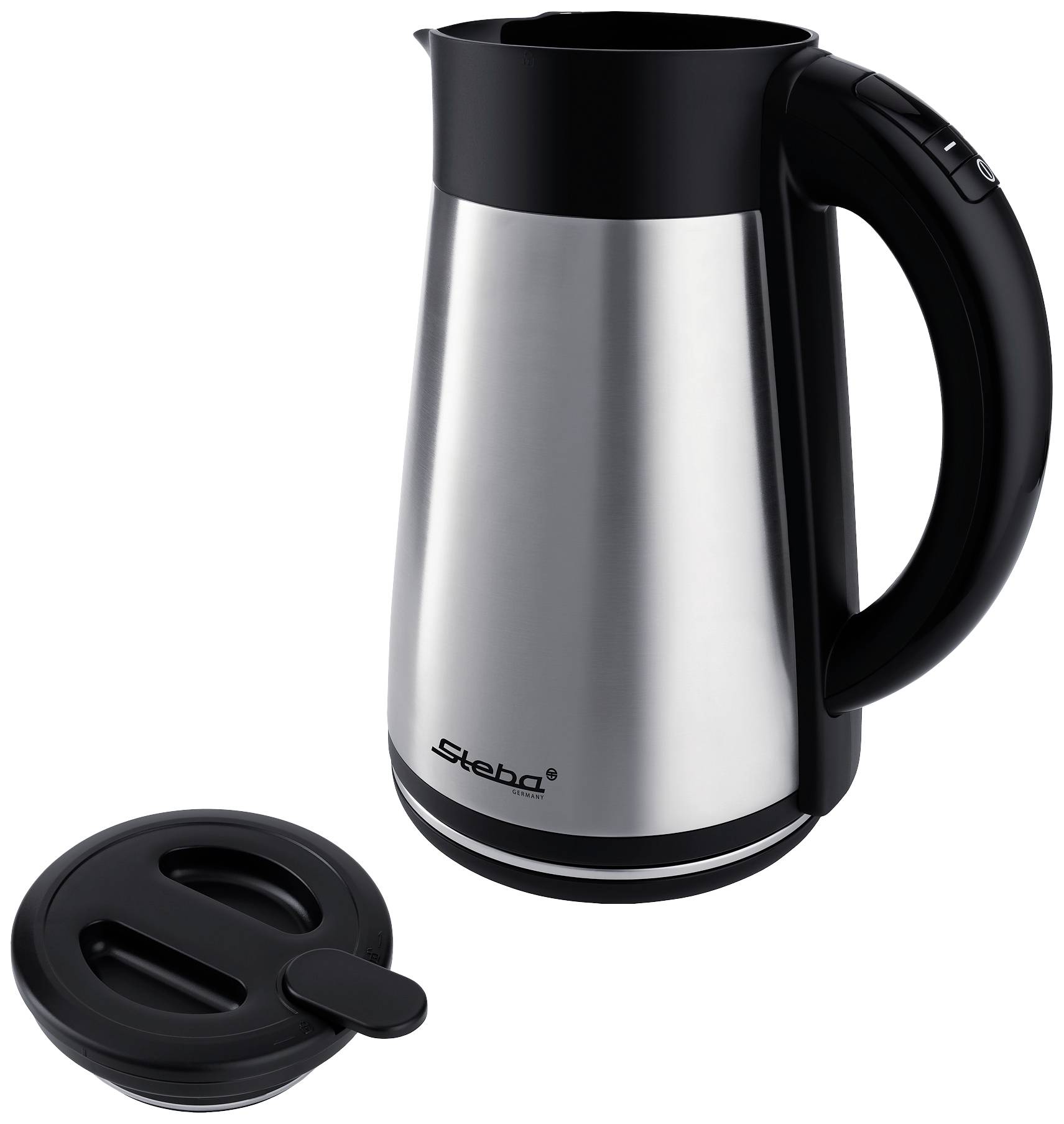 A stainless steel electric kettle with a black handle and removable lid, shown against a white background.