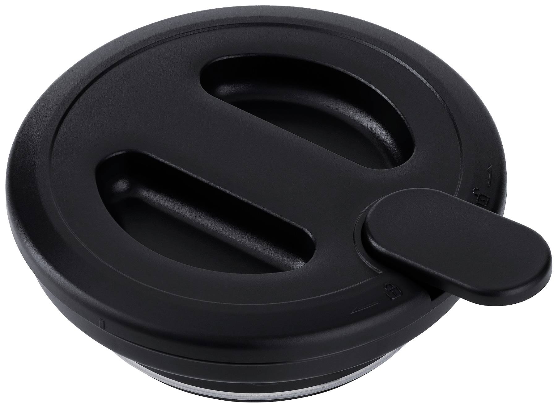 Black plastic lid with a sliding opening flap, suitable for drinking vessels such as cups or thermal mugs, insulates liquids.