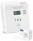 'HEKATRON Brandschutz' carbon monoxide alarm with digital display showing '0 ppm', power indicator, test/silence button; product box shown.