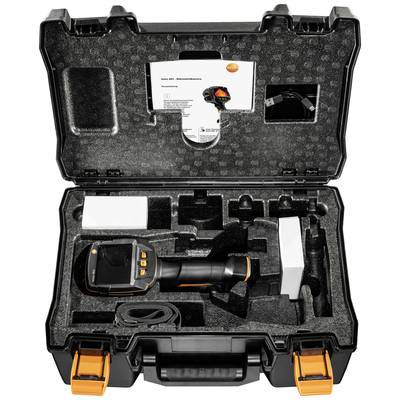 An open case with a thermal imaging camera and accessories in custom-cut foam. A manual is placed in the lid of the case.