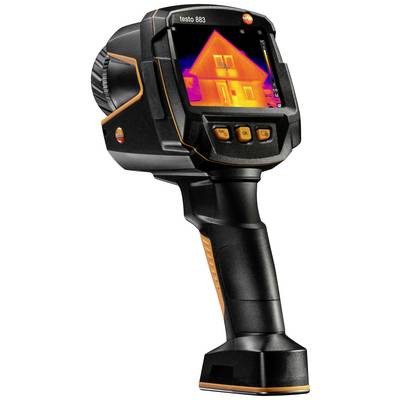 A black thermal imaging camera displays a coloured thermogram of a house on the display. The grip is ergonomically shaped.